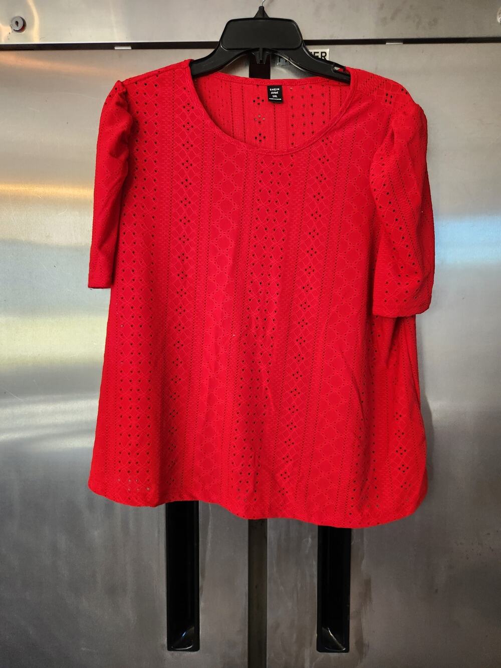 SHEIN Curve Red Eyelet Knit Top Short Puff Sleeve Round Neck Plus Size 1XL
